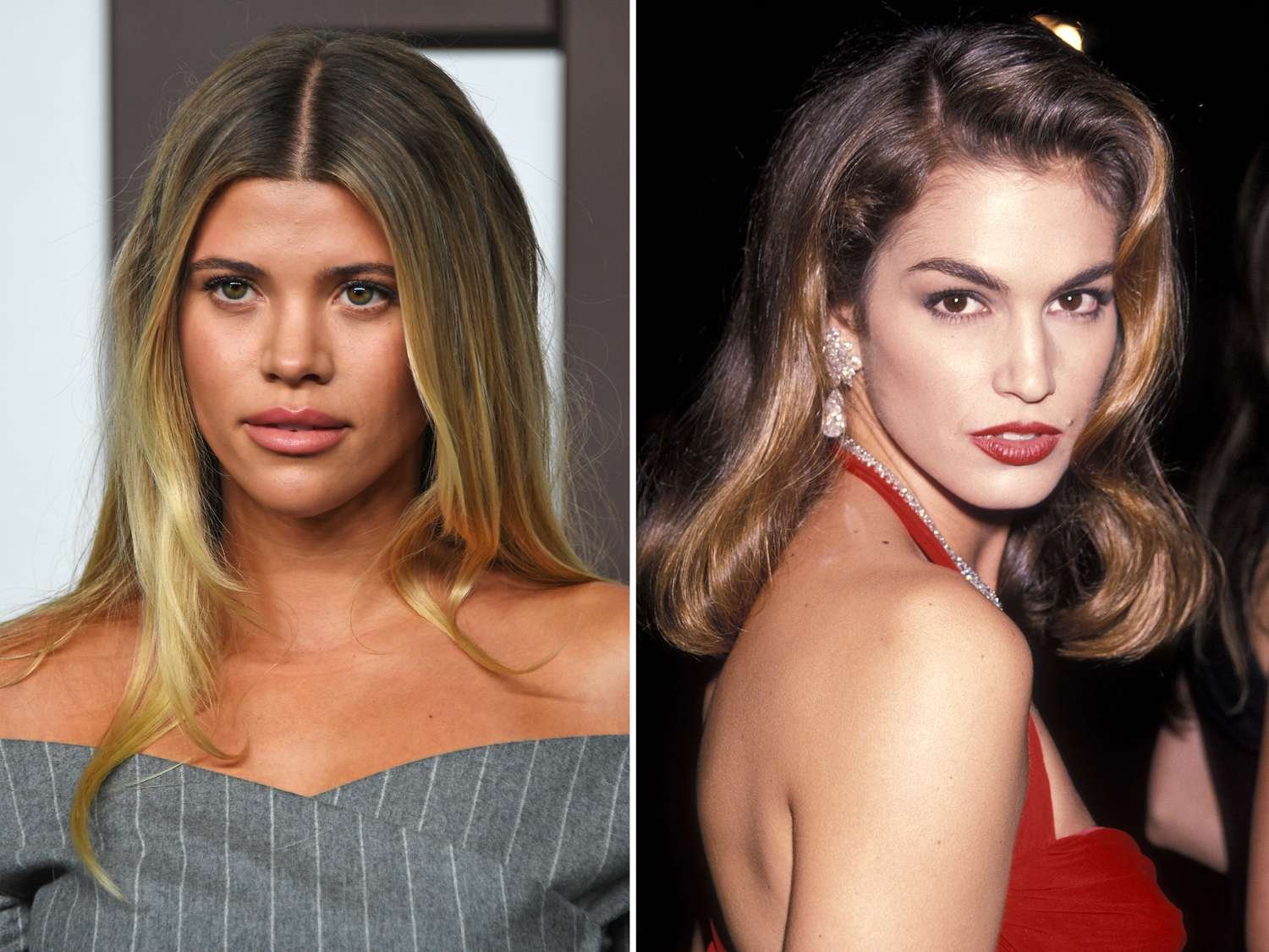 side by side photos of sofia richie and cindy crawford with money piece highlights